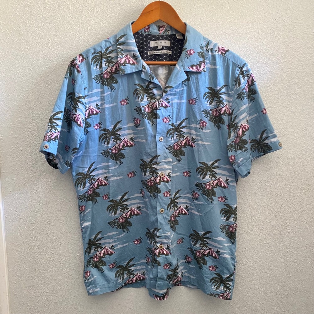Ted Baker London Mens Tropical Palm Tree Print Cotton Camp Shirt Blue‎ Size 4 L